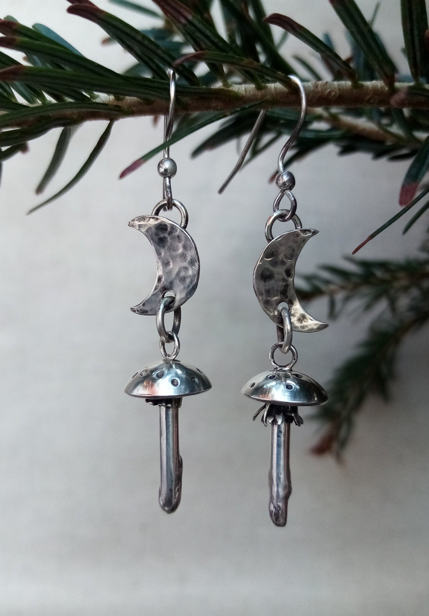 Sterling Silver Fly Agaric Mushroom Moon Earrings