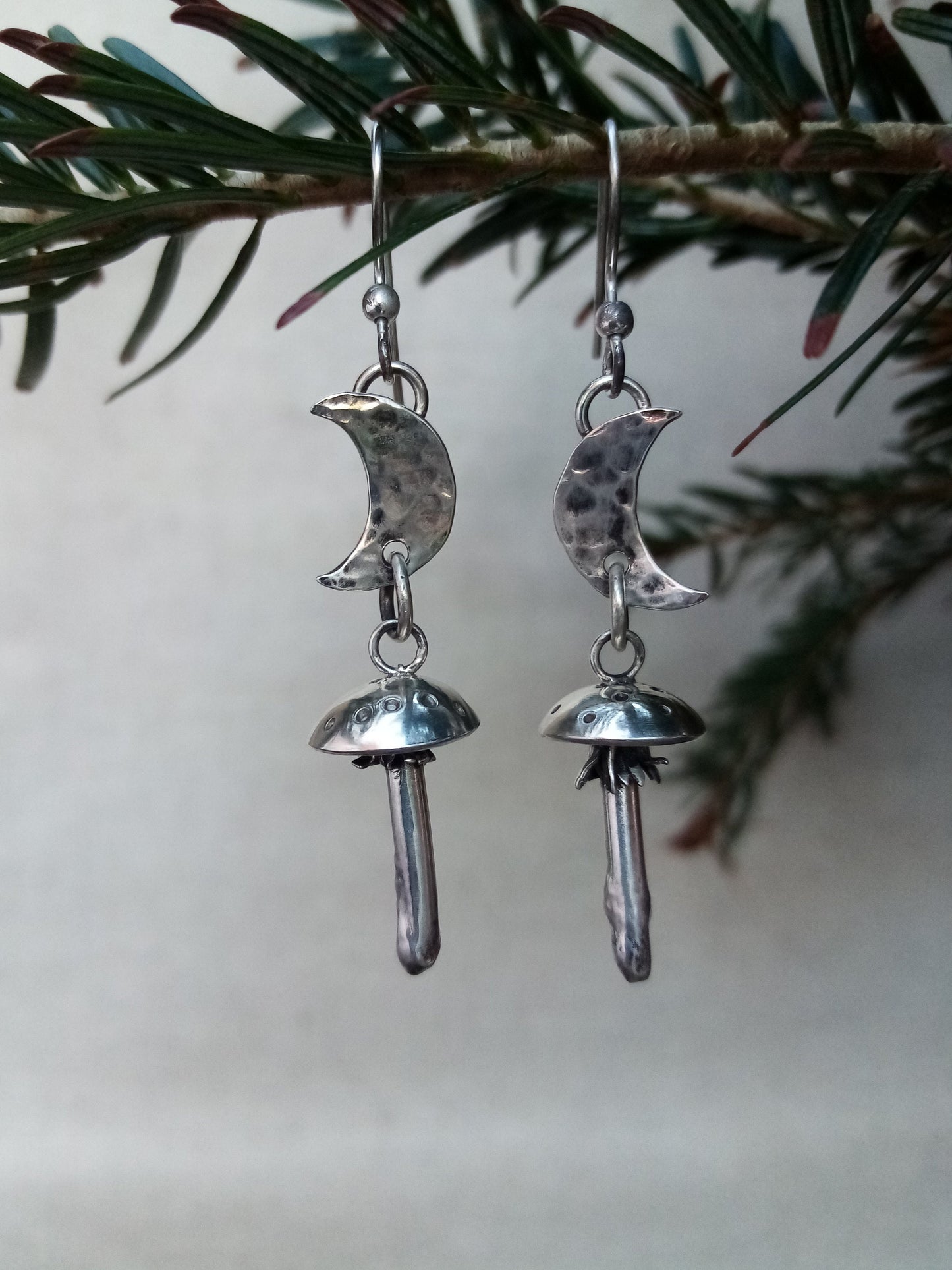 Sterling Silver Fly Agaric Mushroom Moon Earrings