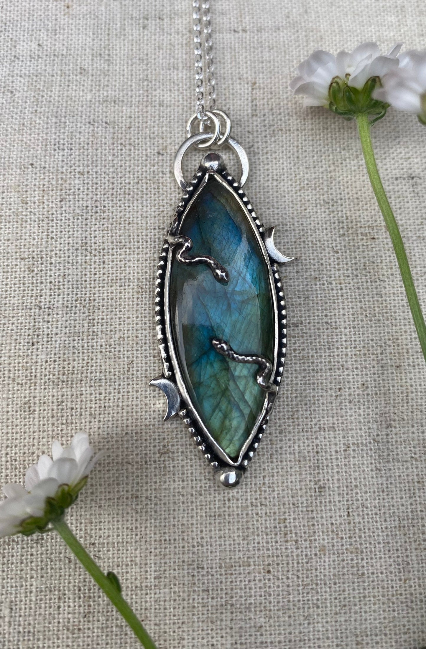 Sterling Silver Serpent Moon Labradorite Amulet Pendant Necklace