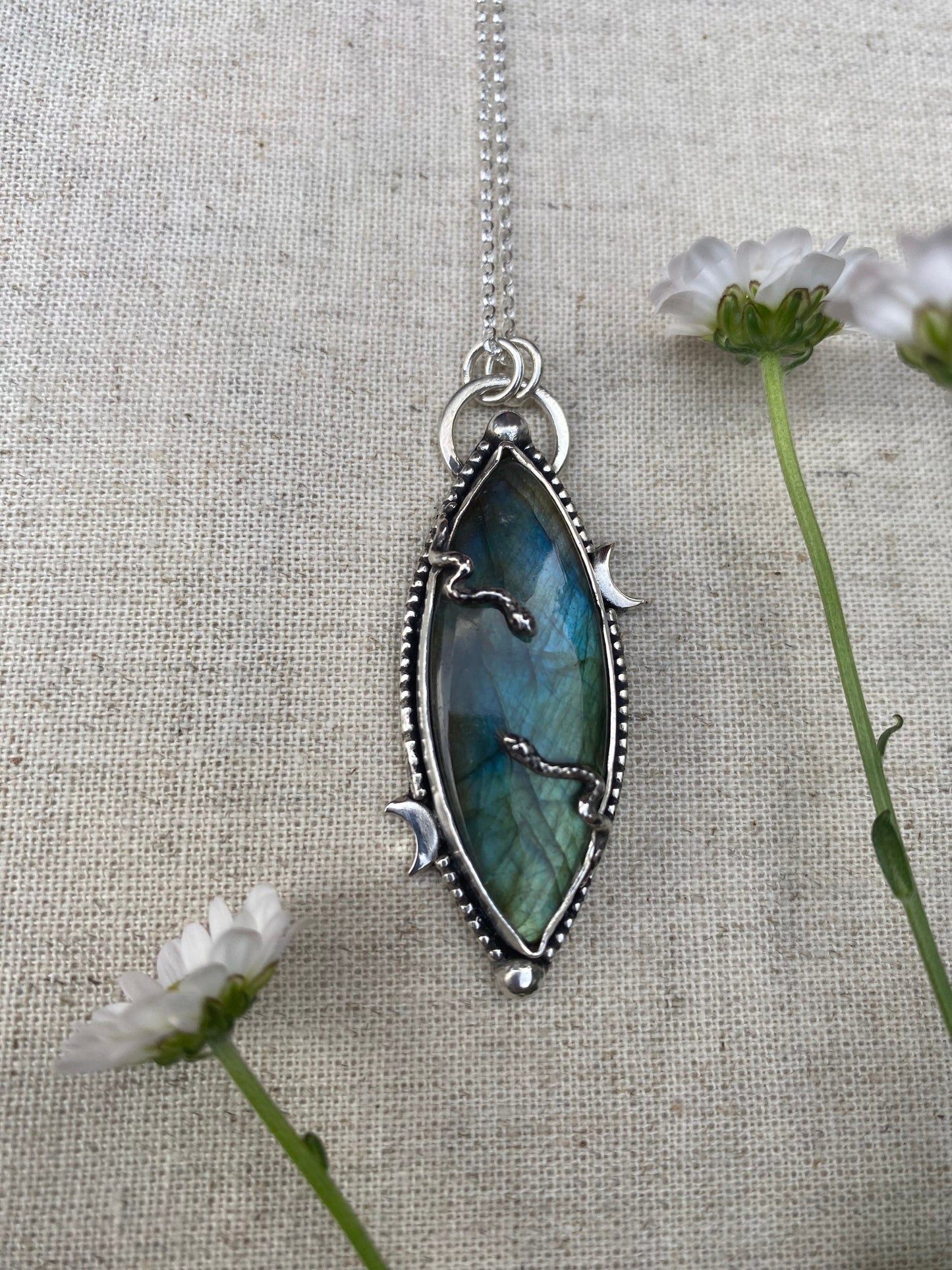 Sterling Silver Serpent Moon Labradorite Amulet Pendant Necklace