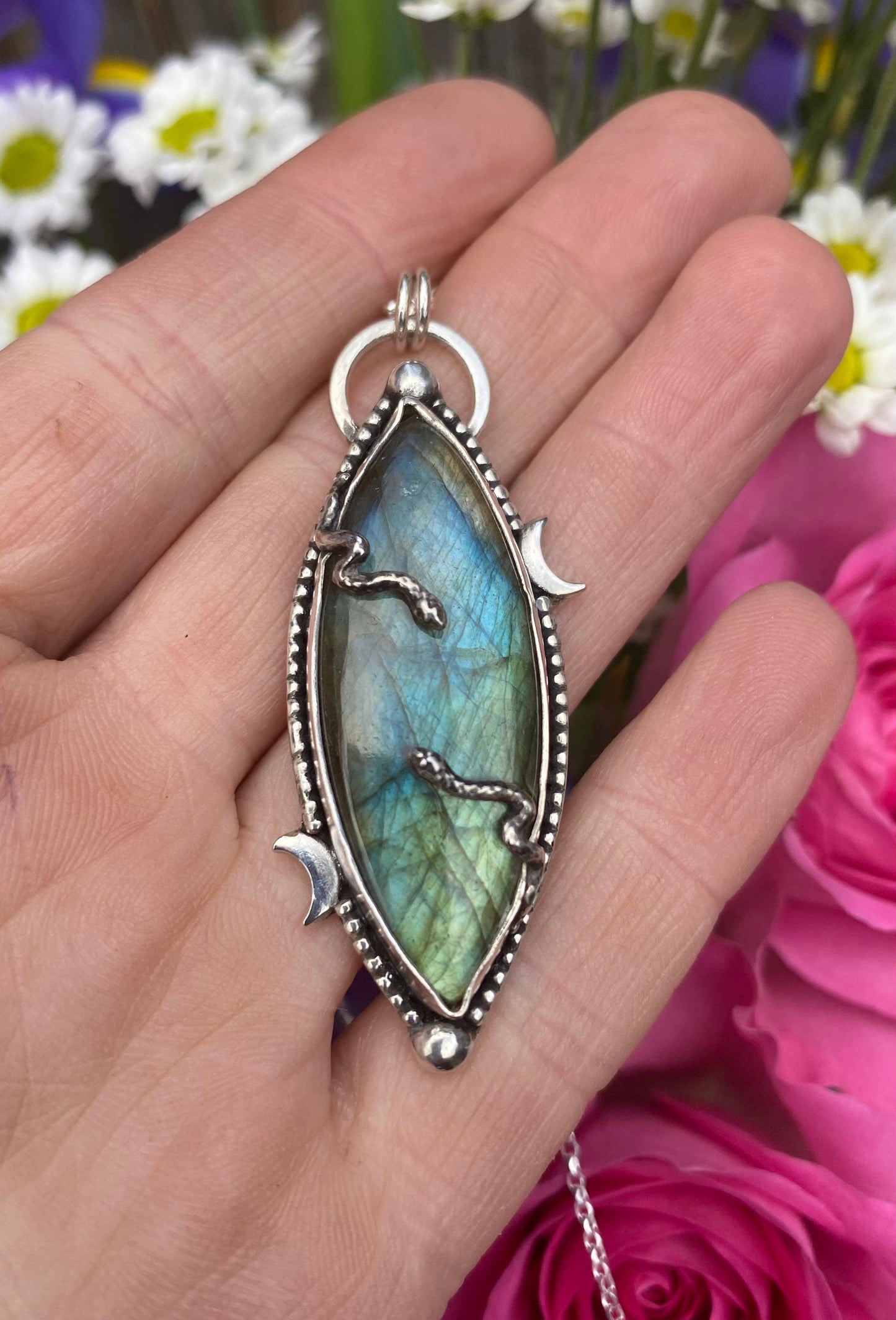 Sterling Silver Serpent Moon Labradorite Amulet Pendant Necklace