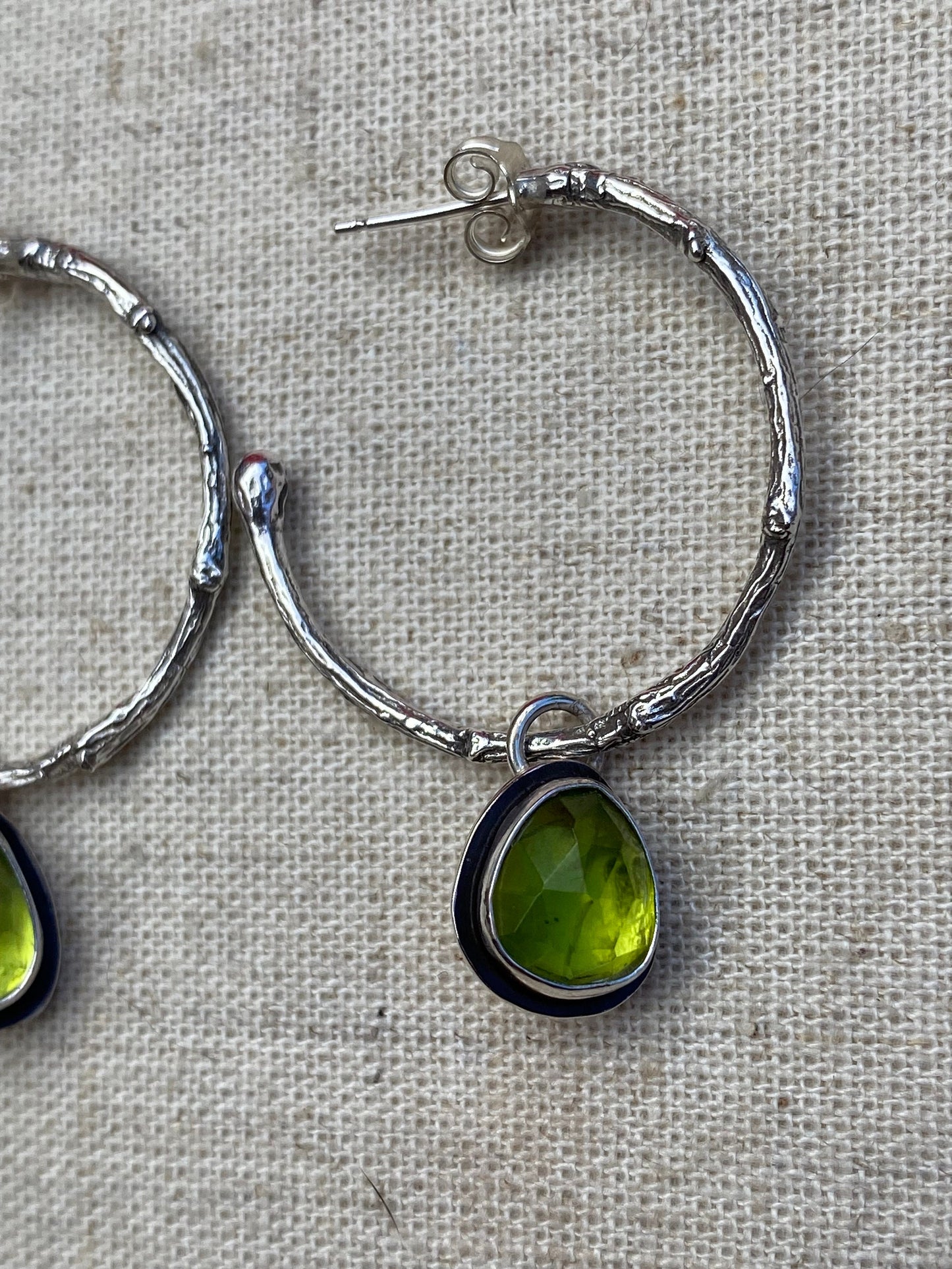 Enchanted Woodland Peridot and Sterling Silver Half Hoop Twig Earrings