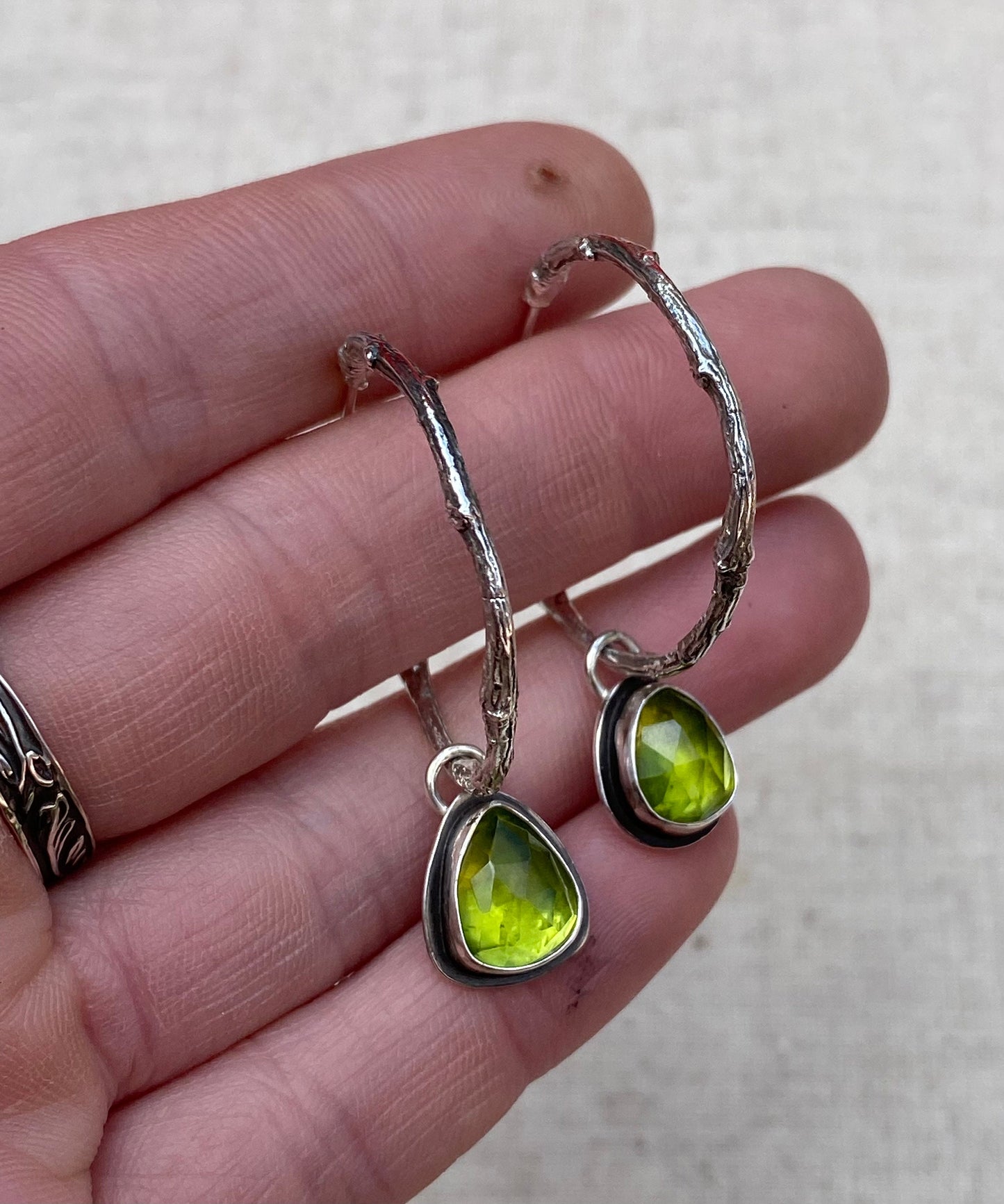 Enchanted Woodland Peridot and Sterling Silver Half Hoop Twig Earrings