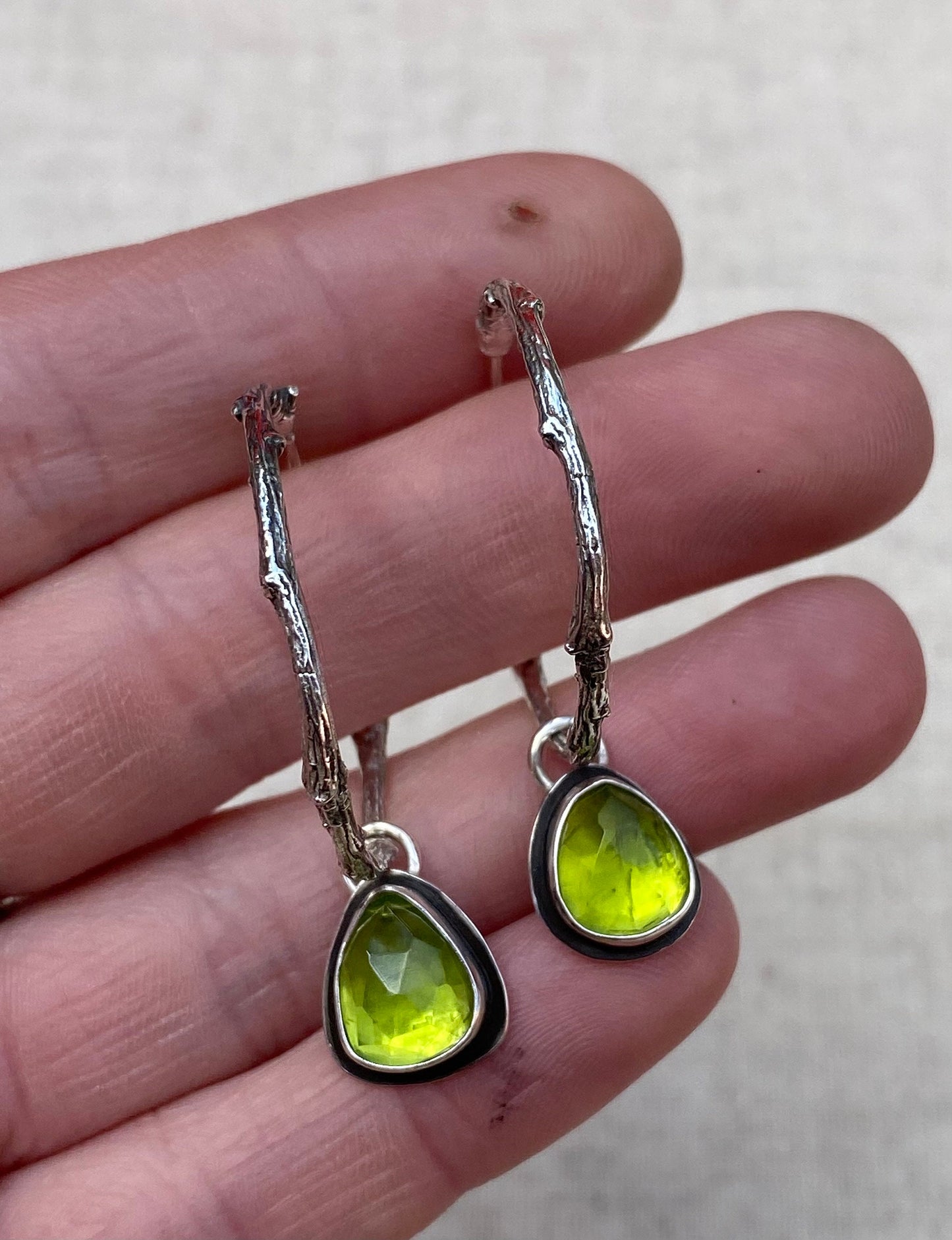 Enchanted Woodland Peridot and Sterling Silver Half Hoop Twig Earrings