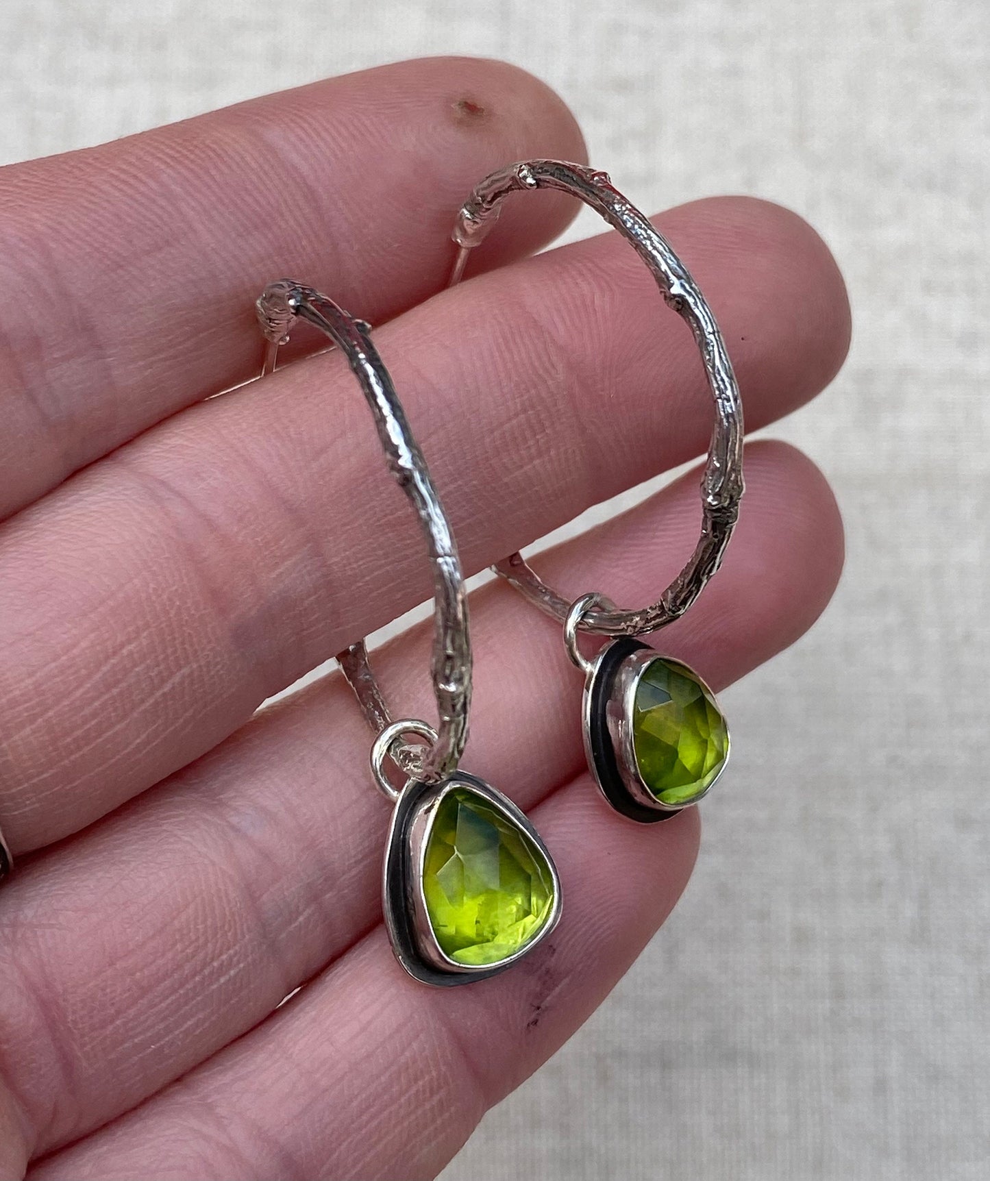 Enchanted Woodland Peridot and Sterling Silver Half Hoop Twig Earrings