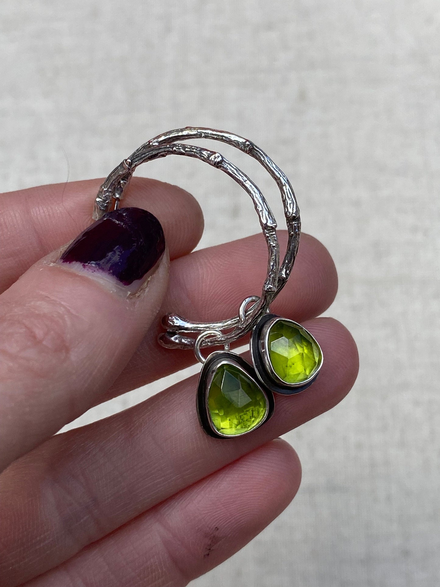 Enchanted Woodland Peridot and Sterling Silver Half Hoop Twig Earrings