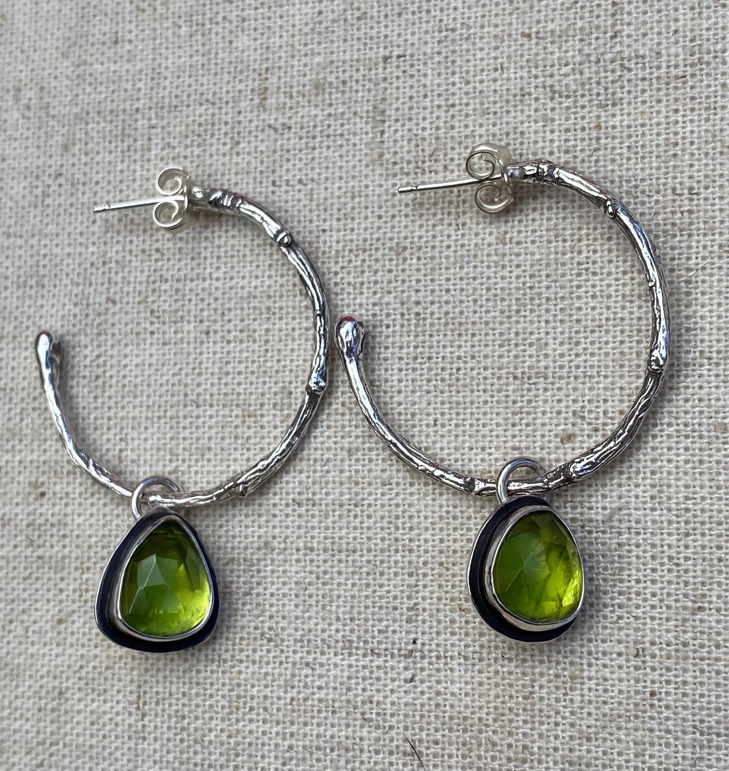 Enchanted Woodland Peridot and Sterling Silver Half Hoop Twig Earrings