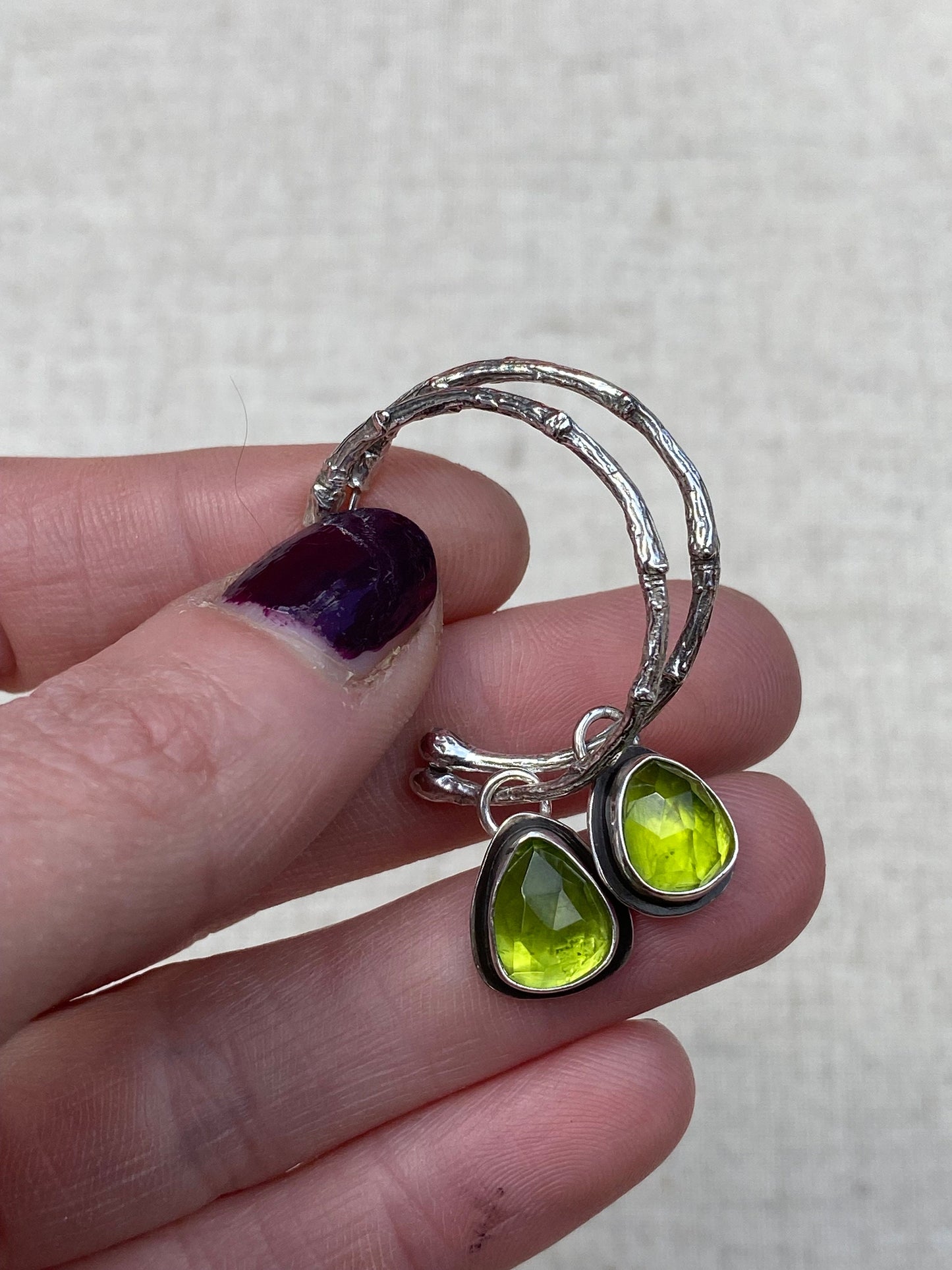 Enchanted Woodland Peridot and Sterling Silver Half Hoop Twig Earrings