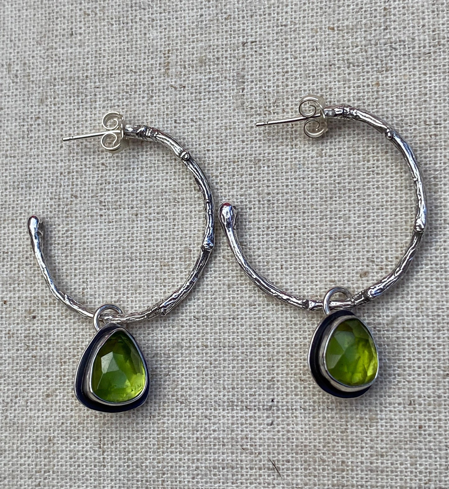 Enchanted Woodland Peridot and Sterling Silver Half Hoop Twig Earrings