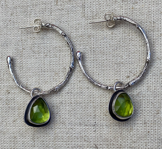 Enchanted Woodland Peridot and Sterling Silver Half Hoop Twig Earrings