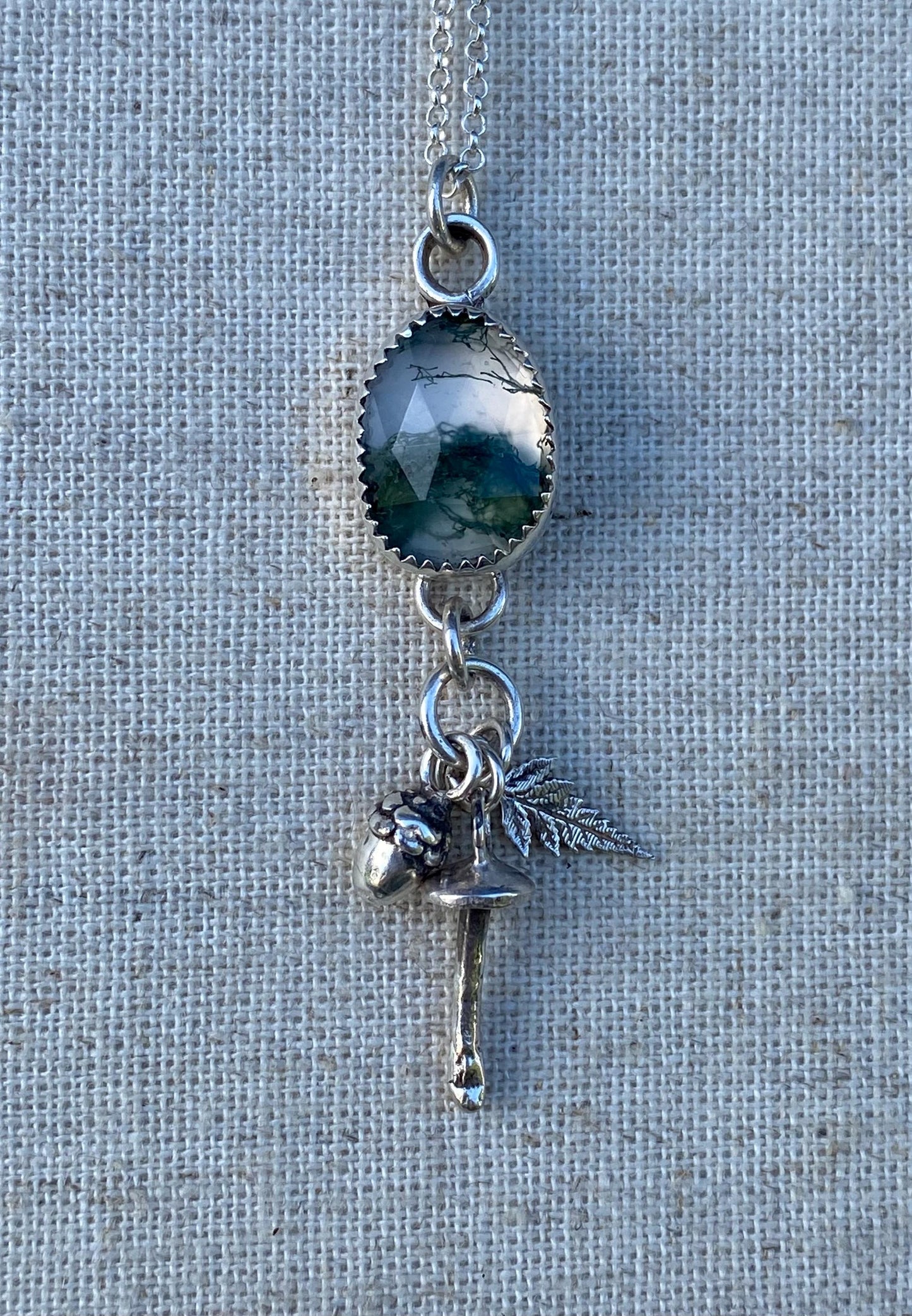 Sterling Silver Moss Agate, Fern,Mushroom and Acorn Pendant Necklace