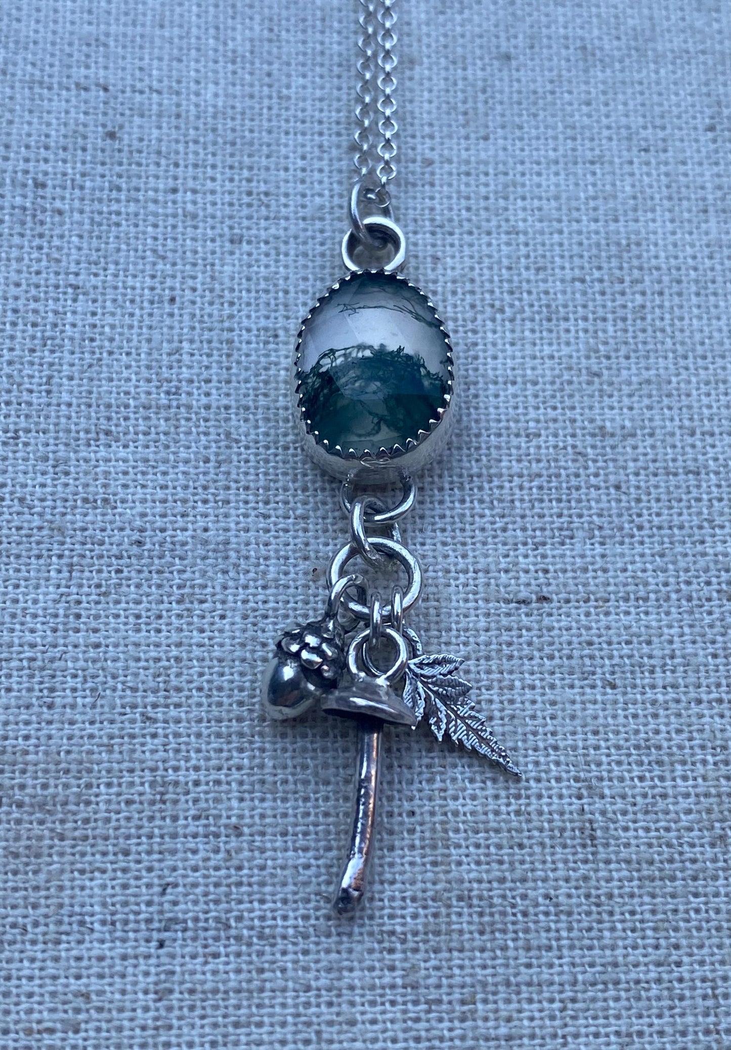 Sterling Silver Moss Agate, Fern,Mushroom and Acorn Pendant Necklace