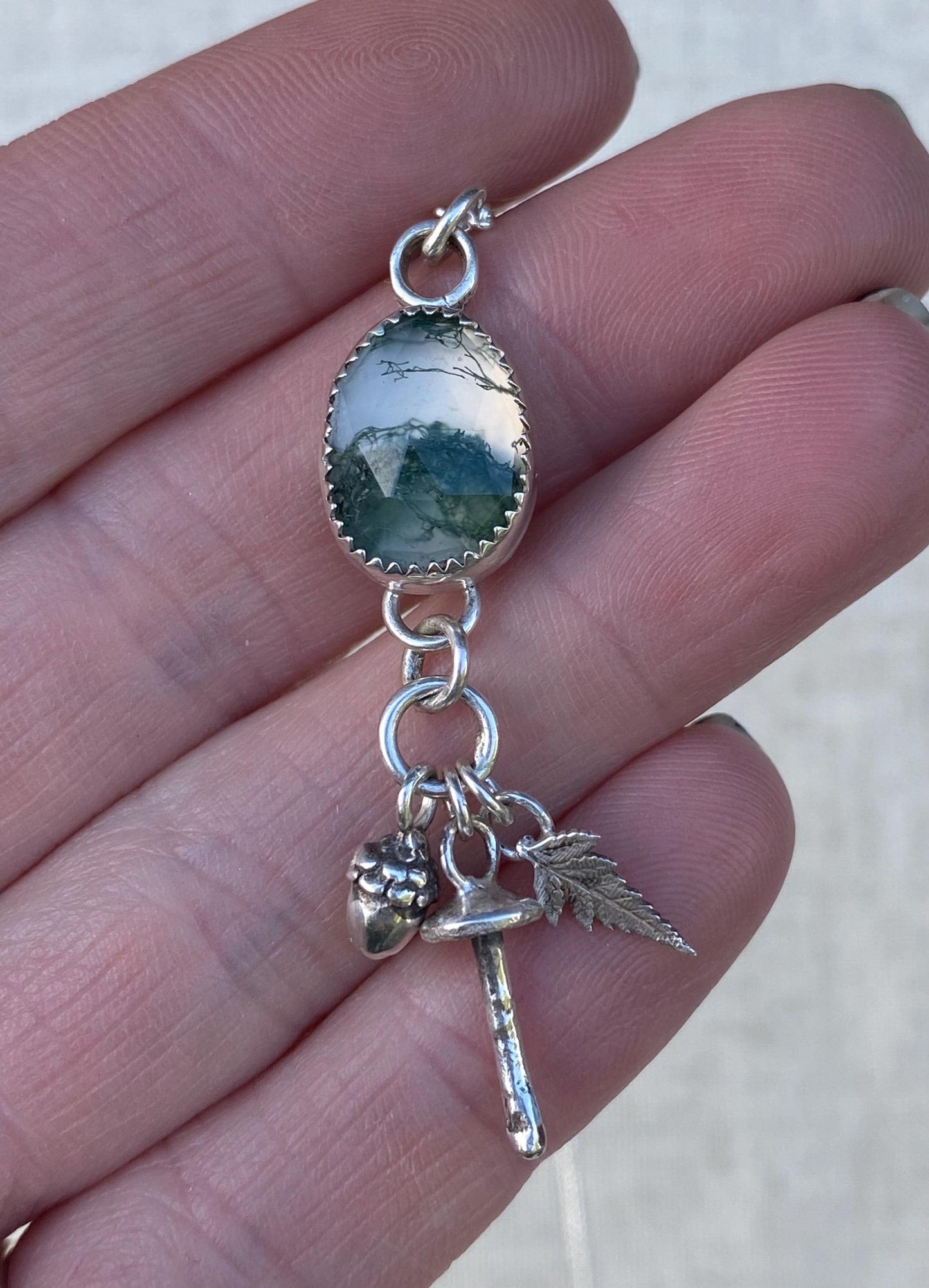 Sterling Silver Moss Agate, Fern,Mushroom and Acorn Pendant Necklace