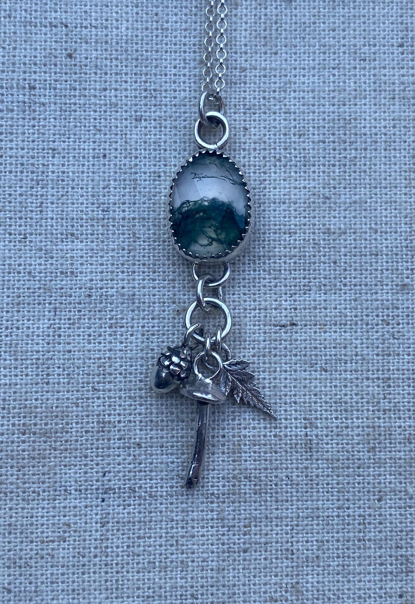 Sterling Silver Moss Agate, Fern,Mushroom and Acorn Pendant Necklace