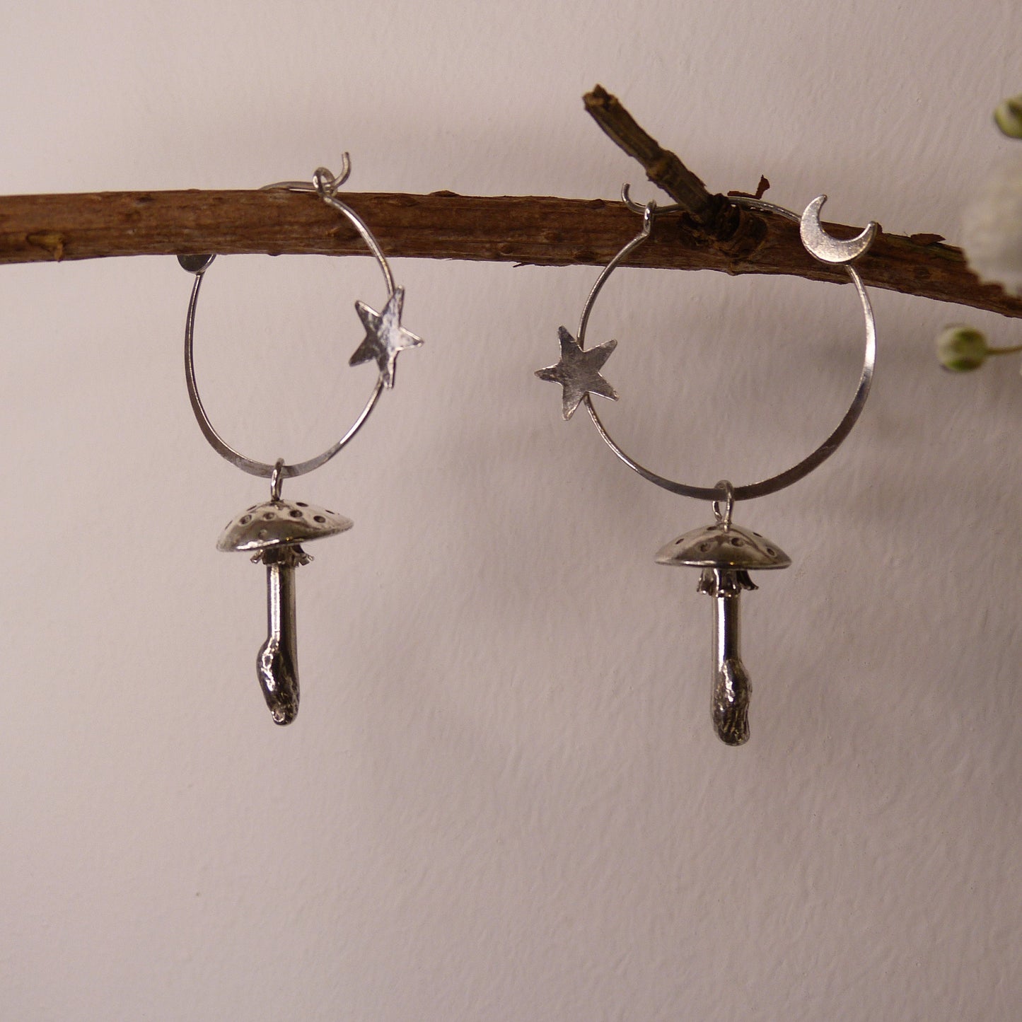 Recycled Sterling Silver Celestial Fly Agaric Mushroom Hoop Earrings