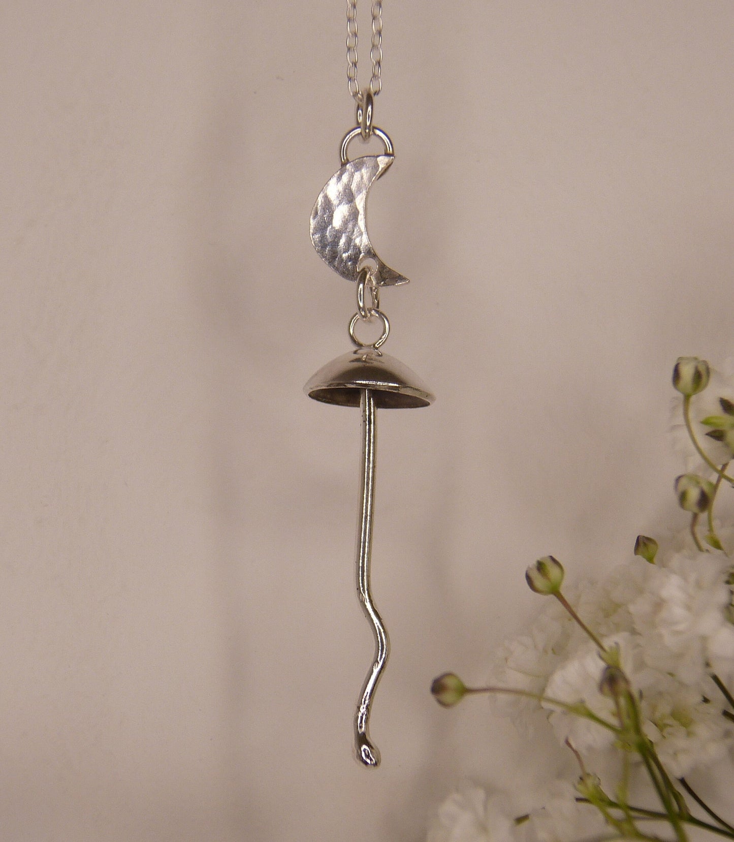 Recycled Sterling Silver Moon and Mushroom Pendant Necklace