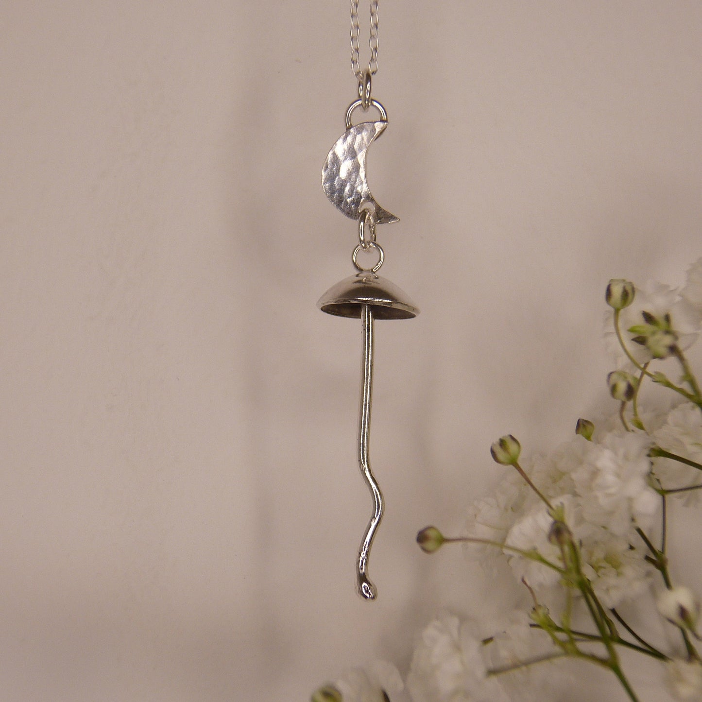 Recycled Sterling Silver Moon and Mushroom Pendant Necklace