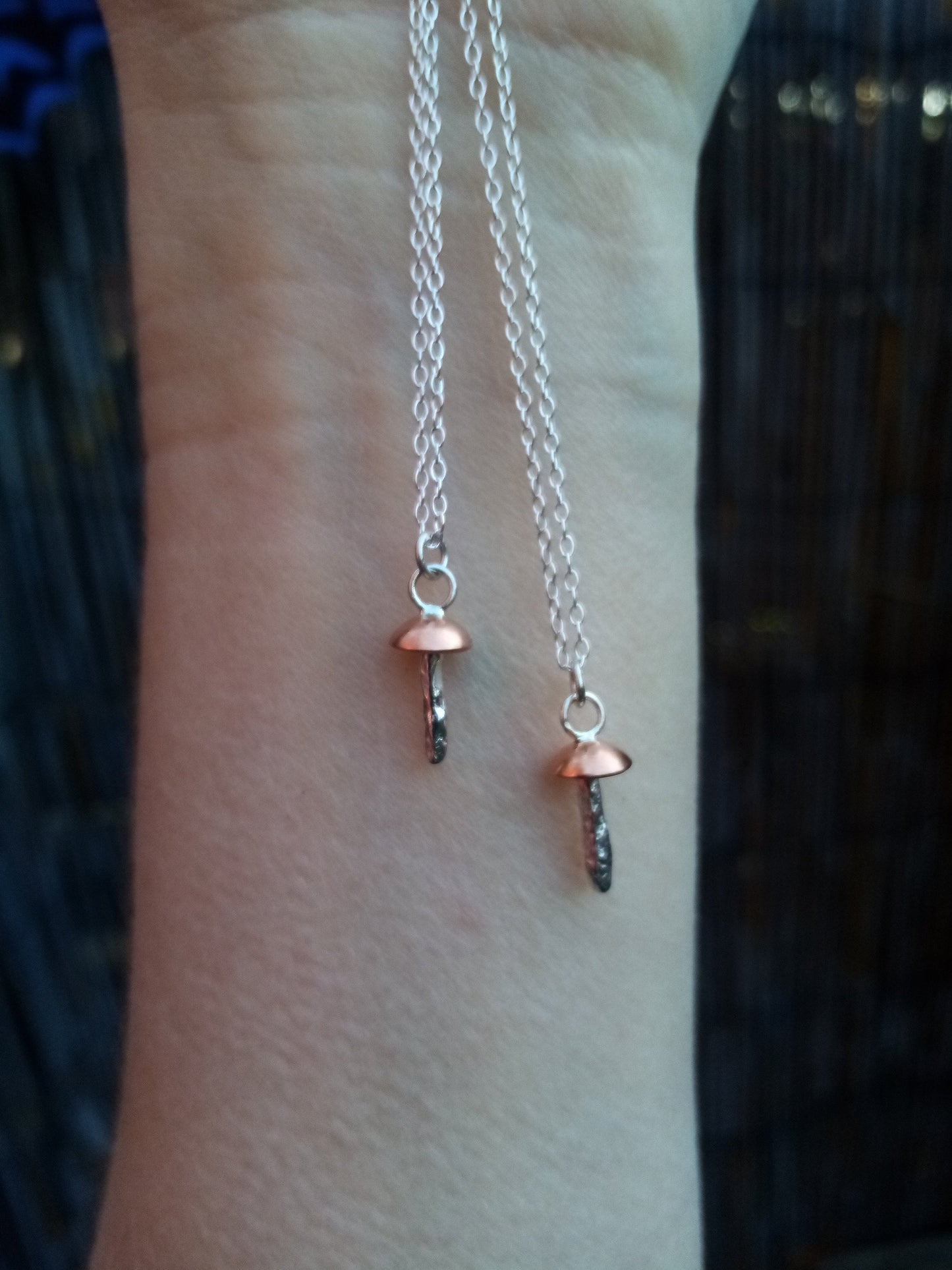 Recycled Sterling Silver and Copper Dainty Mushroom Pendant Necklace