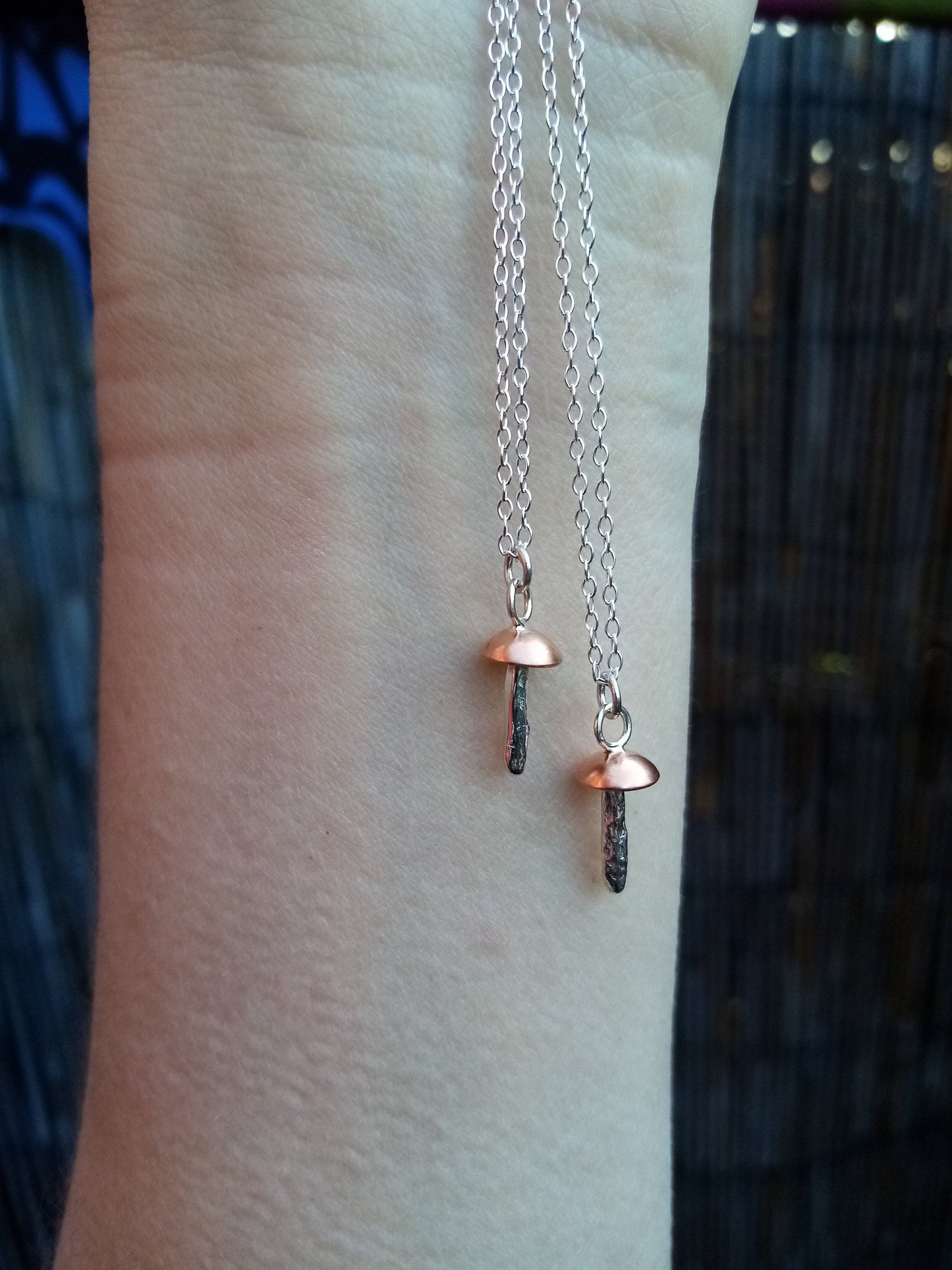 Recycled Sterling Silver and Copper Dainty Mushroom Pendant Necklace