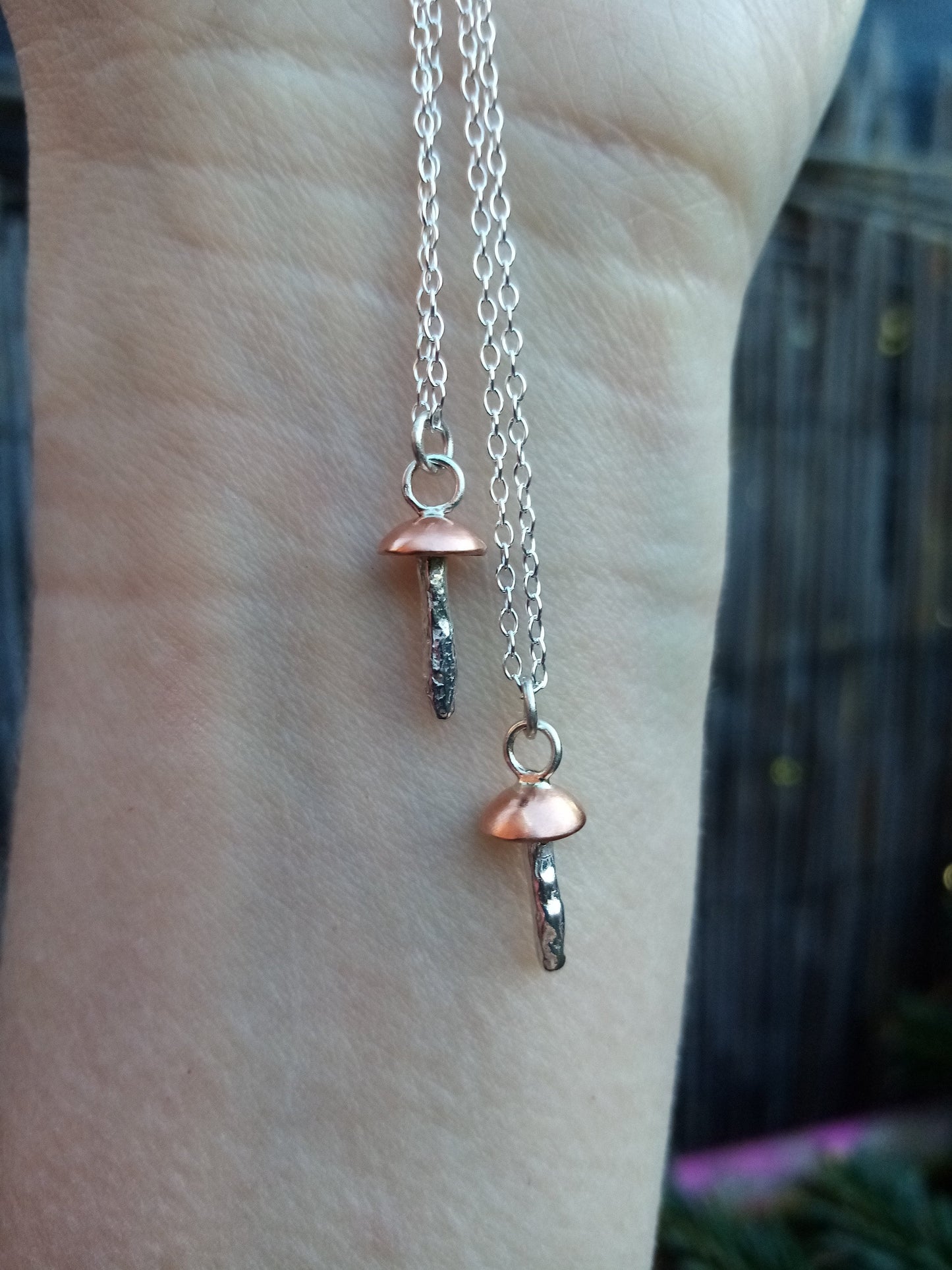 Recycled Sterling Silver and Copper Dainty Mushroom Pendant Necklace