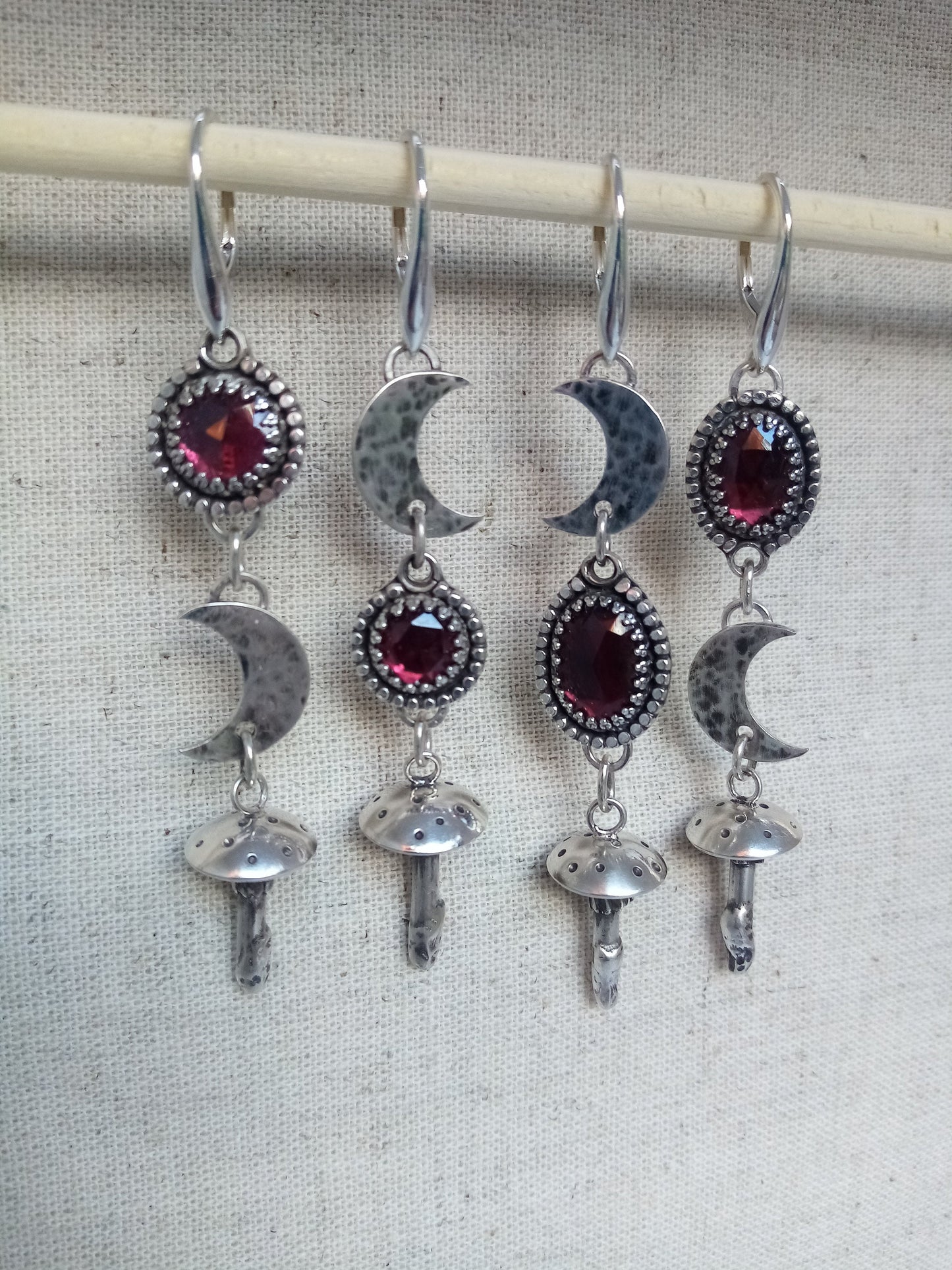 Sterling Silver Garnet Moon and Mushroom Earrings