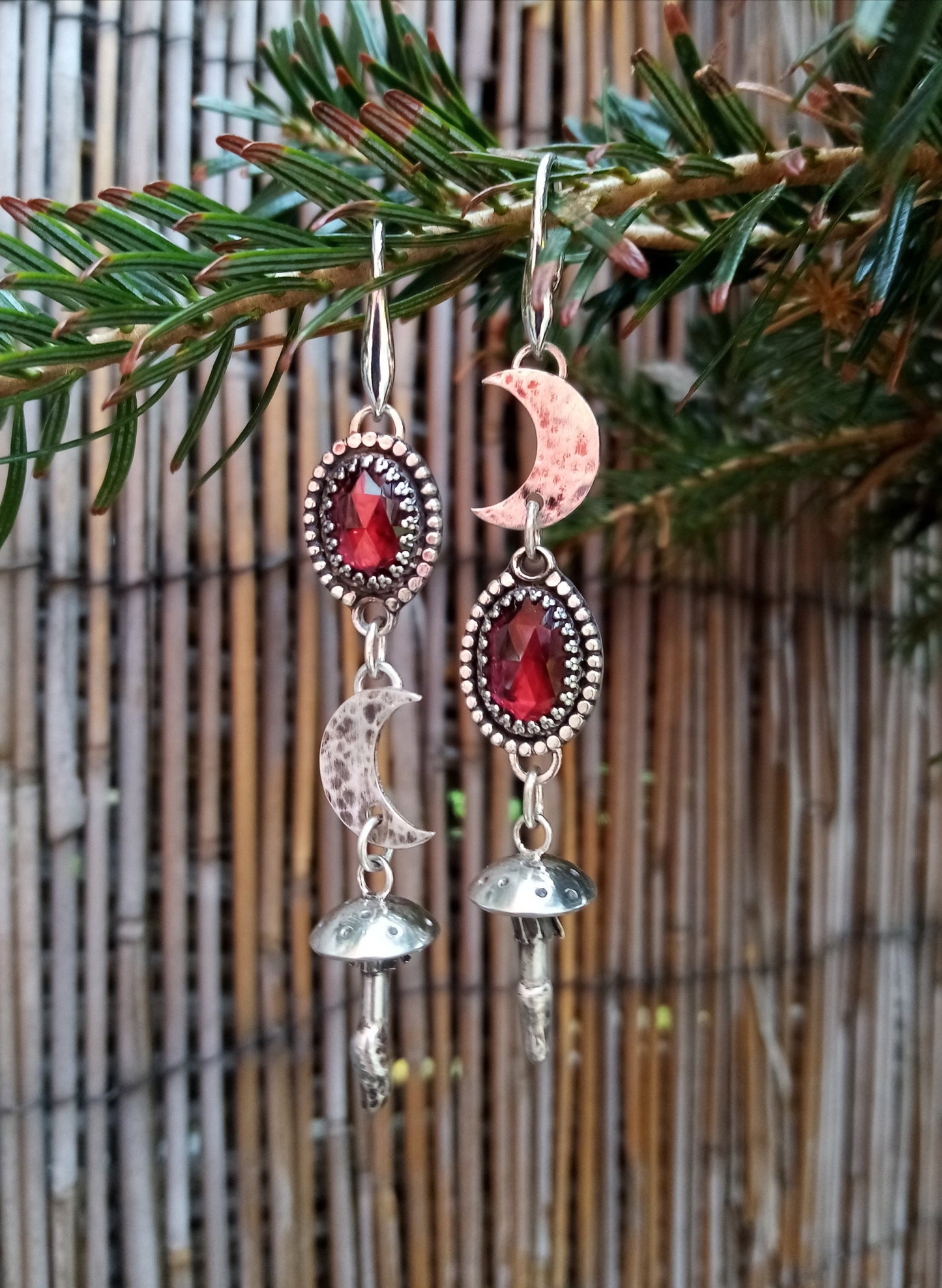 Sterling Silver Garnet Moon and Mushroom Earrings