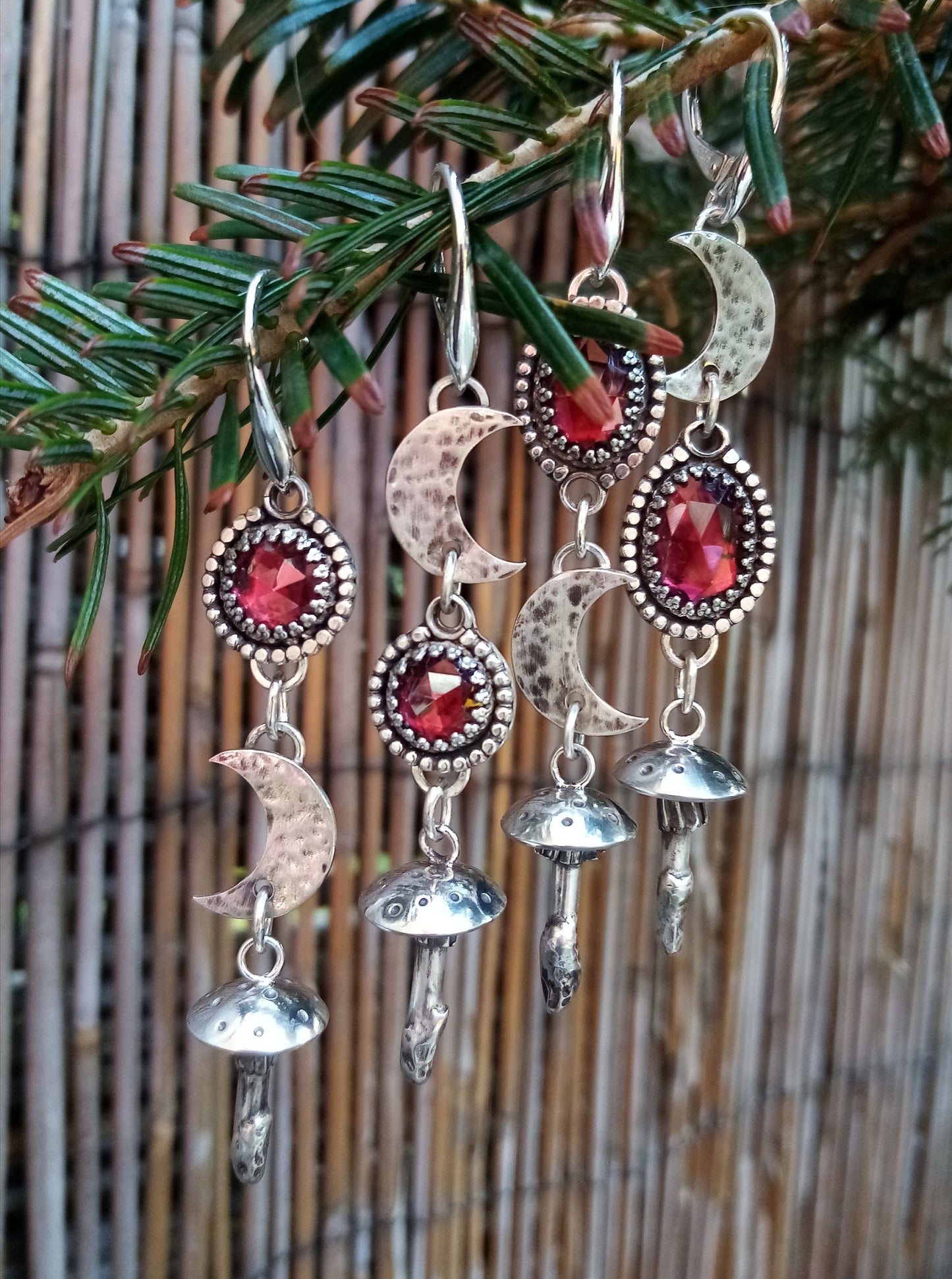 Sterling Silver Garnet Moon and Mushroom Earrings