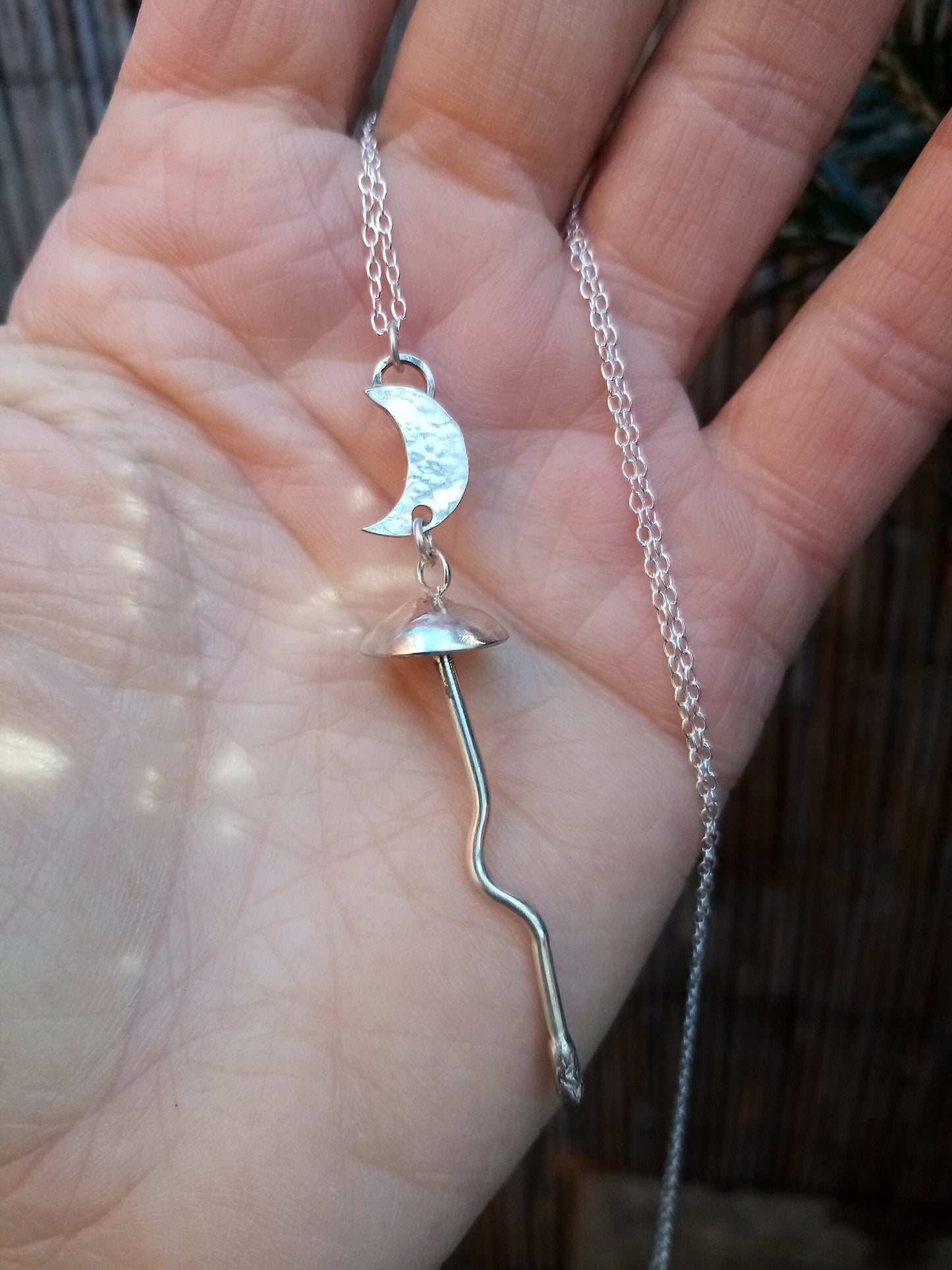 Recycled Sterling Silver Moon and Mushroom Pendant Necklace