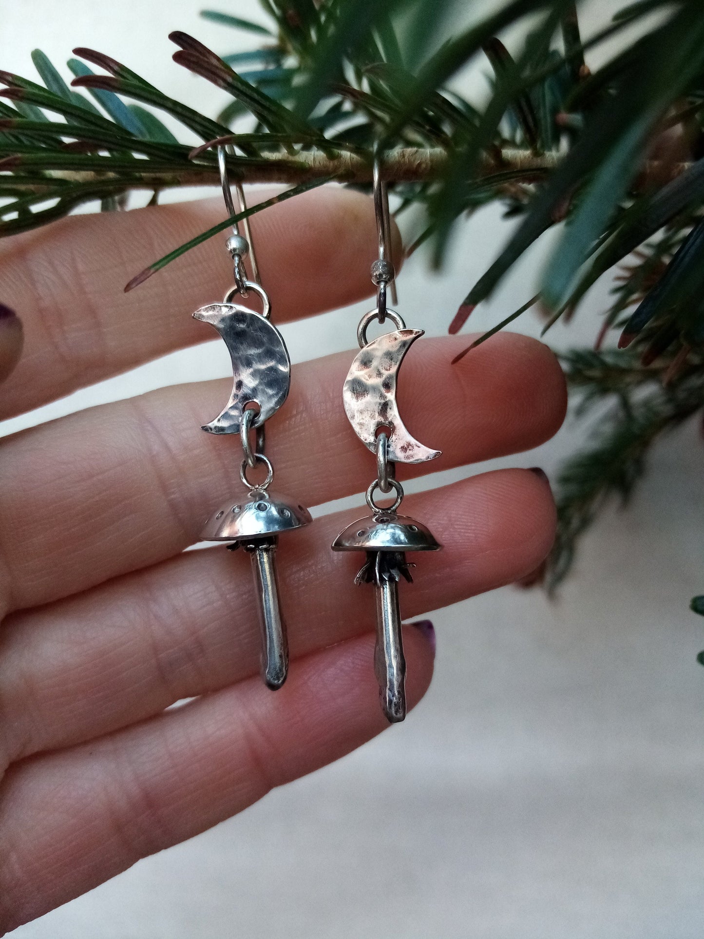 Sterling Silver Fly Agaric Mushroom Moon Earrings