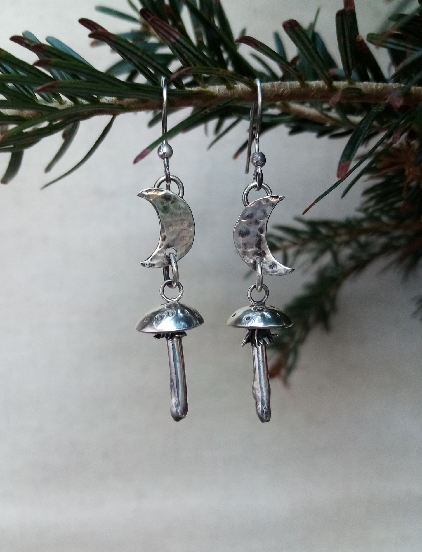 Sterling Silver Fly Agaric Mushroom Moon Earrings