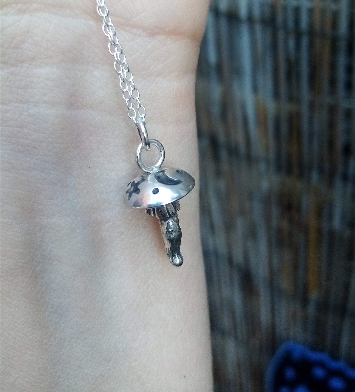 Sterling Silver Celestial Magic Mushroom Moon Pendant