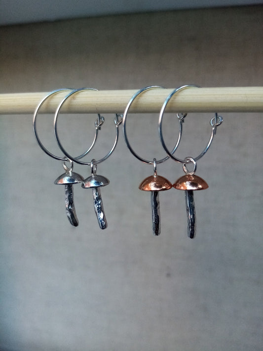 Recycled Sterling Silver or Copper Dainty Mushroom Hoop Earrings