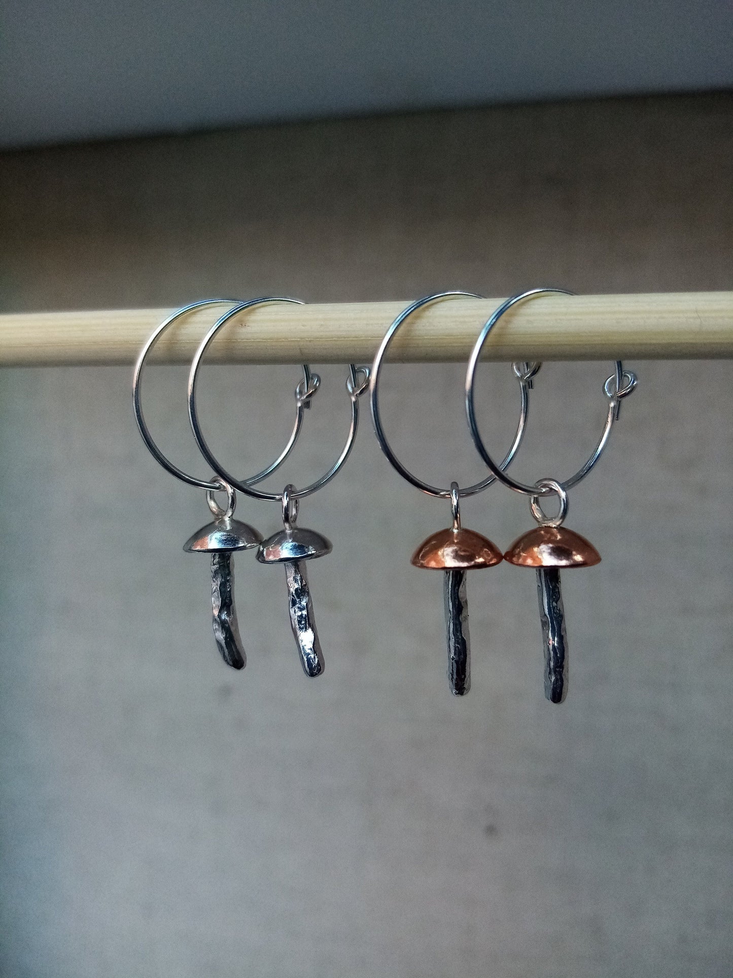 Recycled Sterling Silver or Copper Dainty Mushroom Hoop Earrings