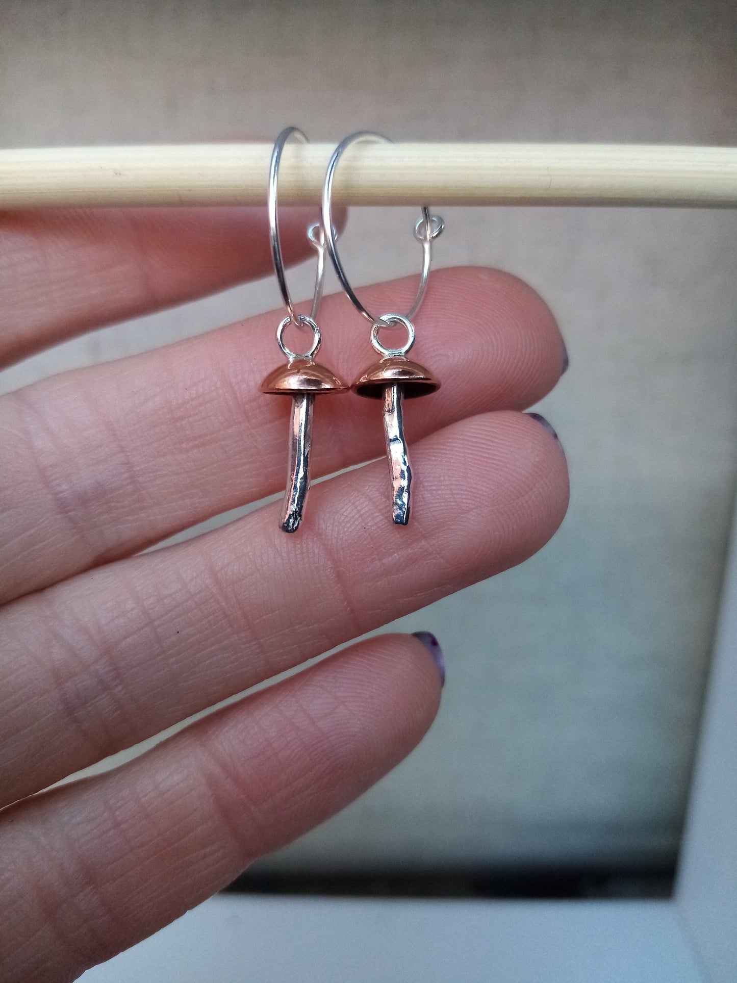 Recycled Sterling Silver or Copper Dainty Mushroom Hoop Earrings