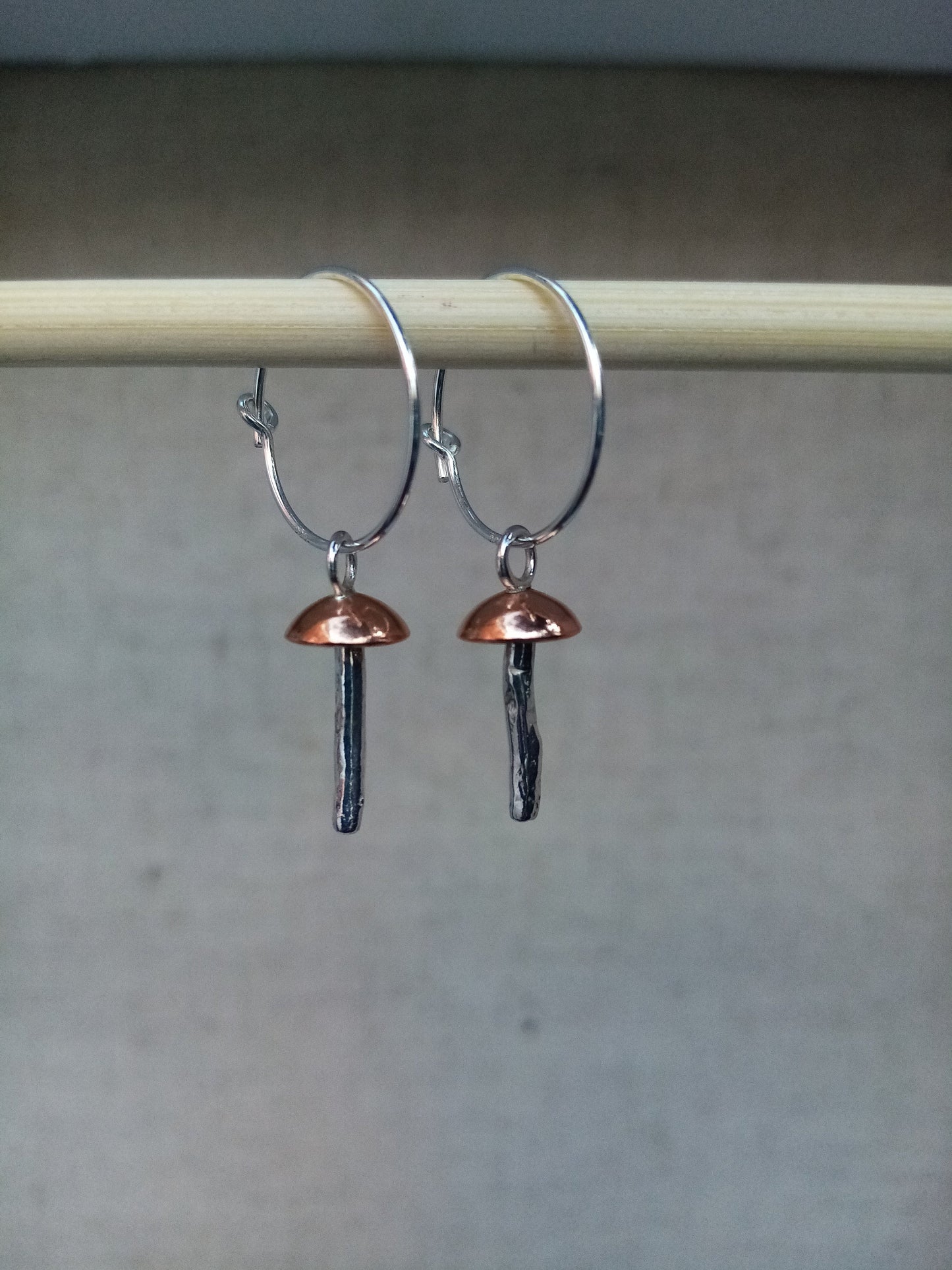 Recycled Sterling Silver or Copper Dainty Mushroom Hoop Earrings