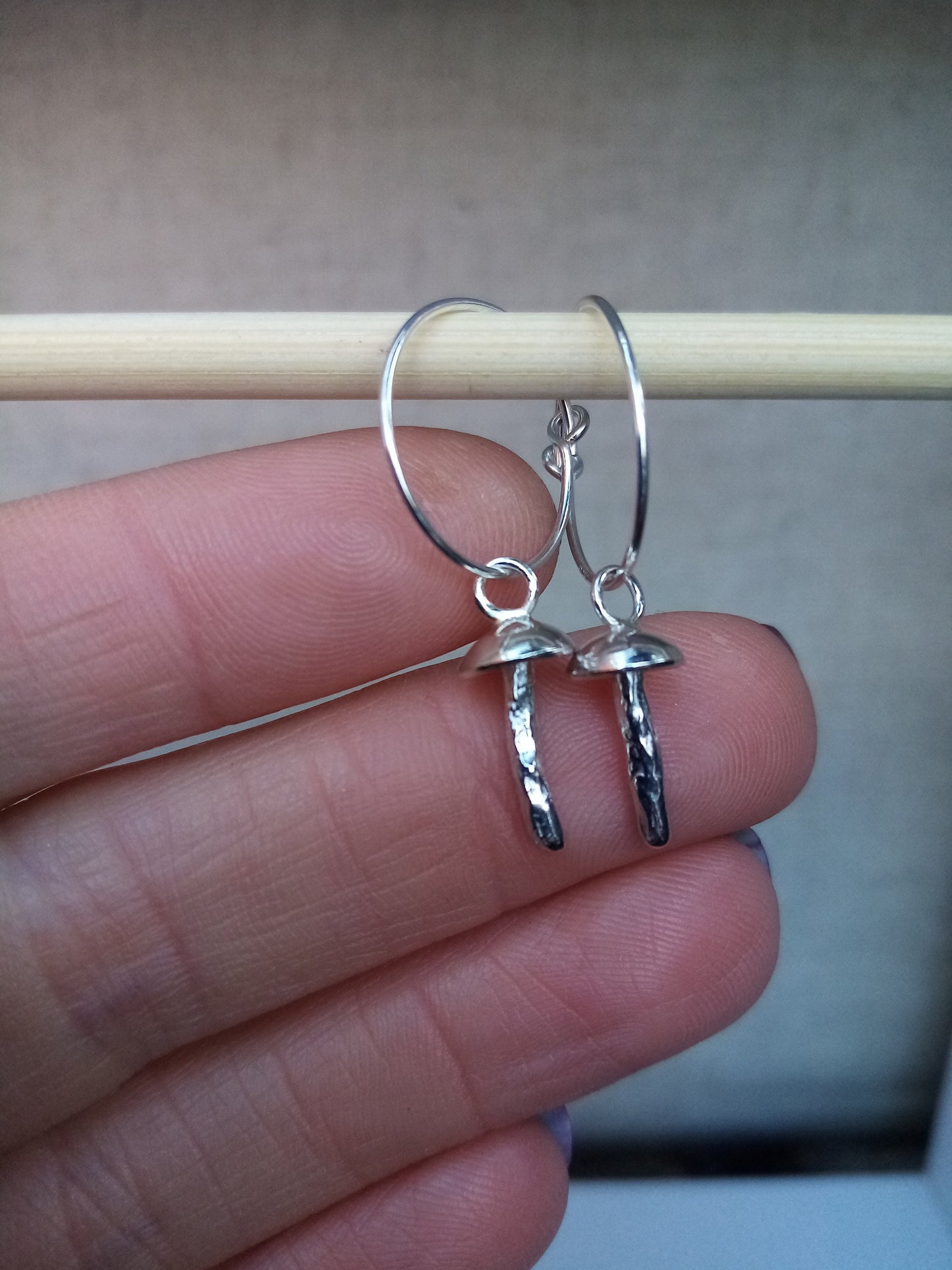 Recycled Sterling Silver or Copper Dainty Mushroom Hoop Earrings