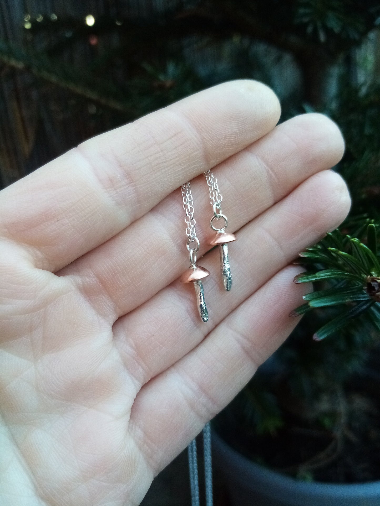 Recycled Sterling Silver and Copper Dainty Mushroom Pendant Necklace