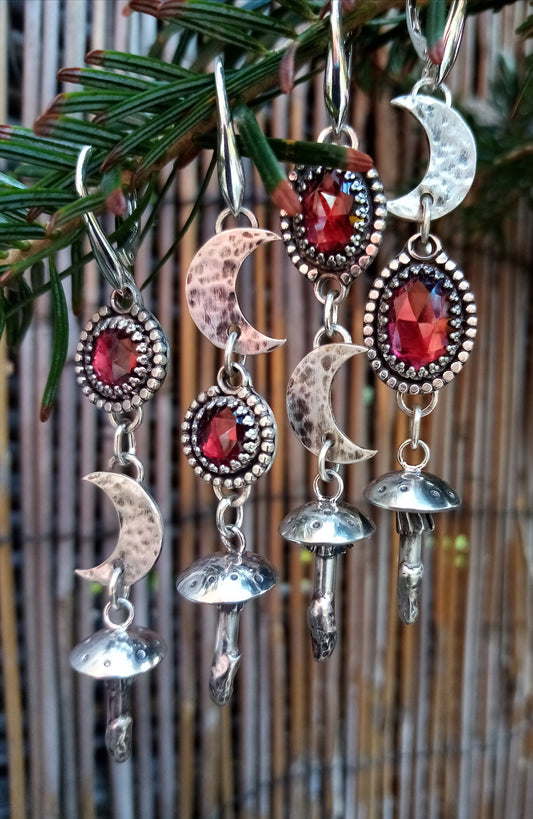 Sterling Silver Garnet Moon and Mushroom Earrings