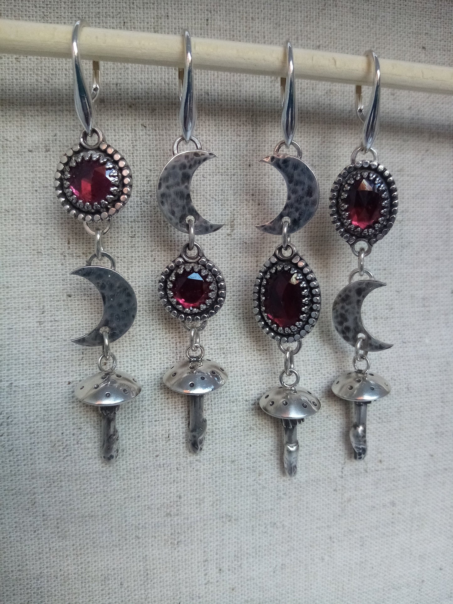 Sterling Silver Garnet Moon and Mushroom Earrings