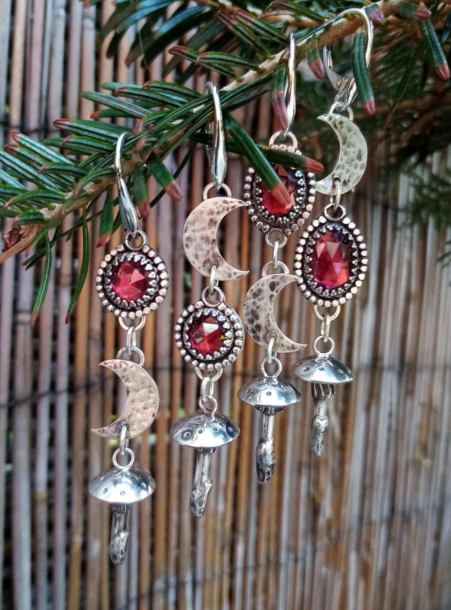 Sterling Silver Garnet Moon and Mushroom Earrings