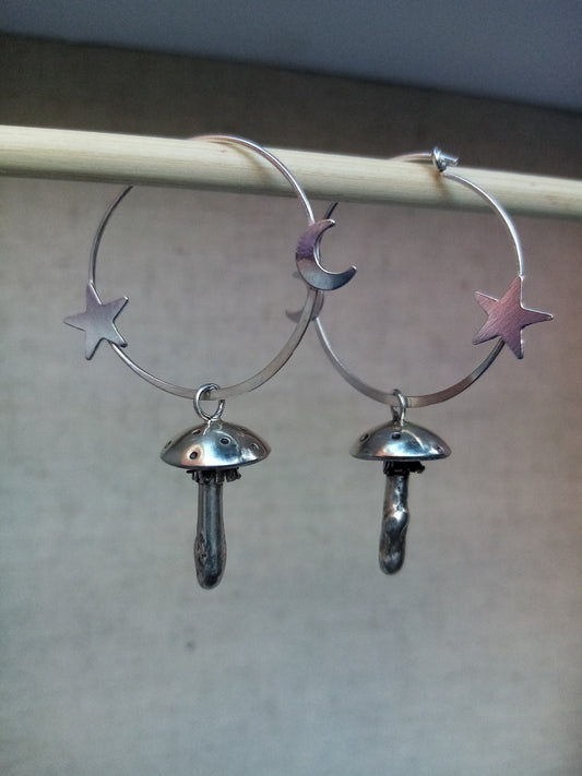 Recycled Sterling Silver Celestial Fly Agaric Mushroom Hoop Earrings